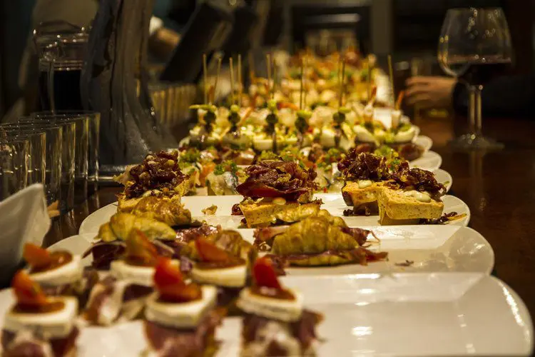 Close-up view of wide variety of Tapas in restaurant in Spain.