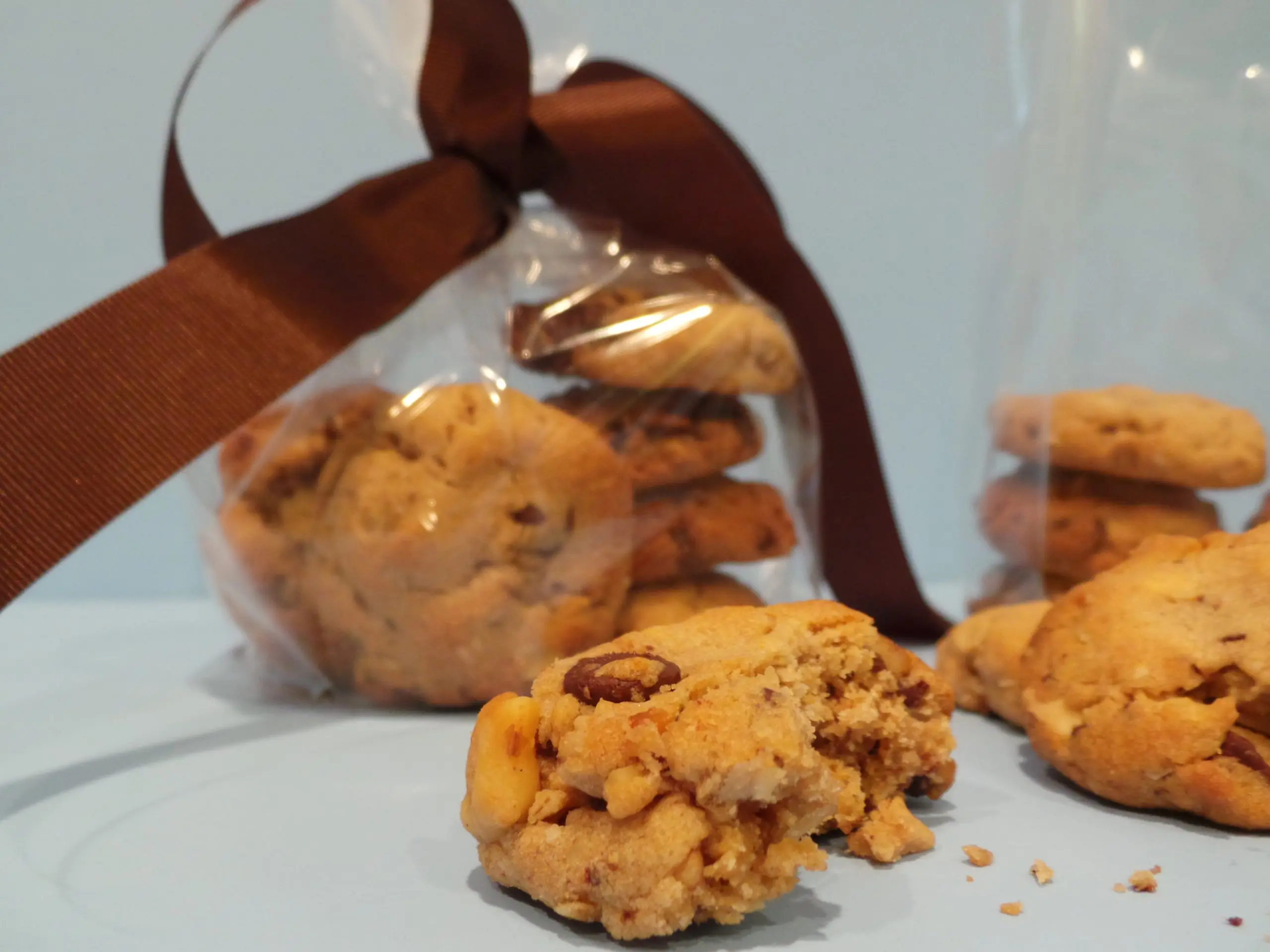 Cookies bagged in cellophane and tied with brown ribbon