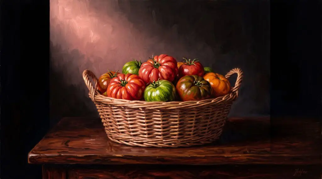A heavy wooden box overflowing with freshly harvested organic vegetables, heirloom tomatoes, and leafy greens from a local farm.