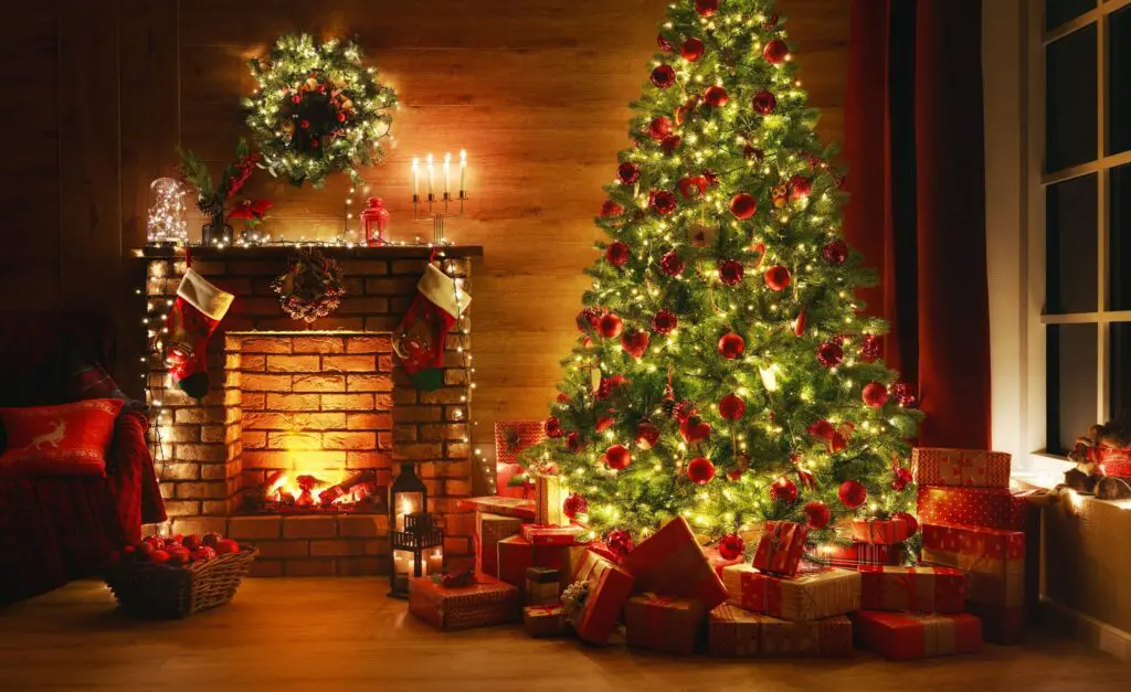 A beautiful Christmas morning breakfast table spread with coffee and hot dishes