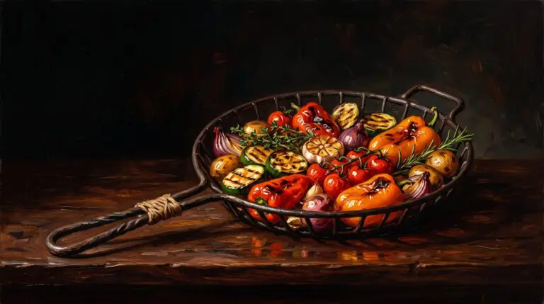 A colorful platter of perfectly charred summer vegetables, including zucchini, bell peppers, asparagus, and red onions.