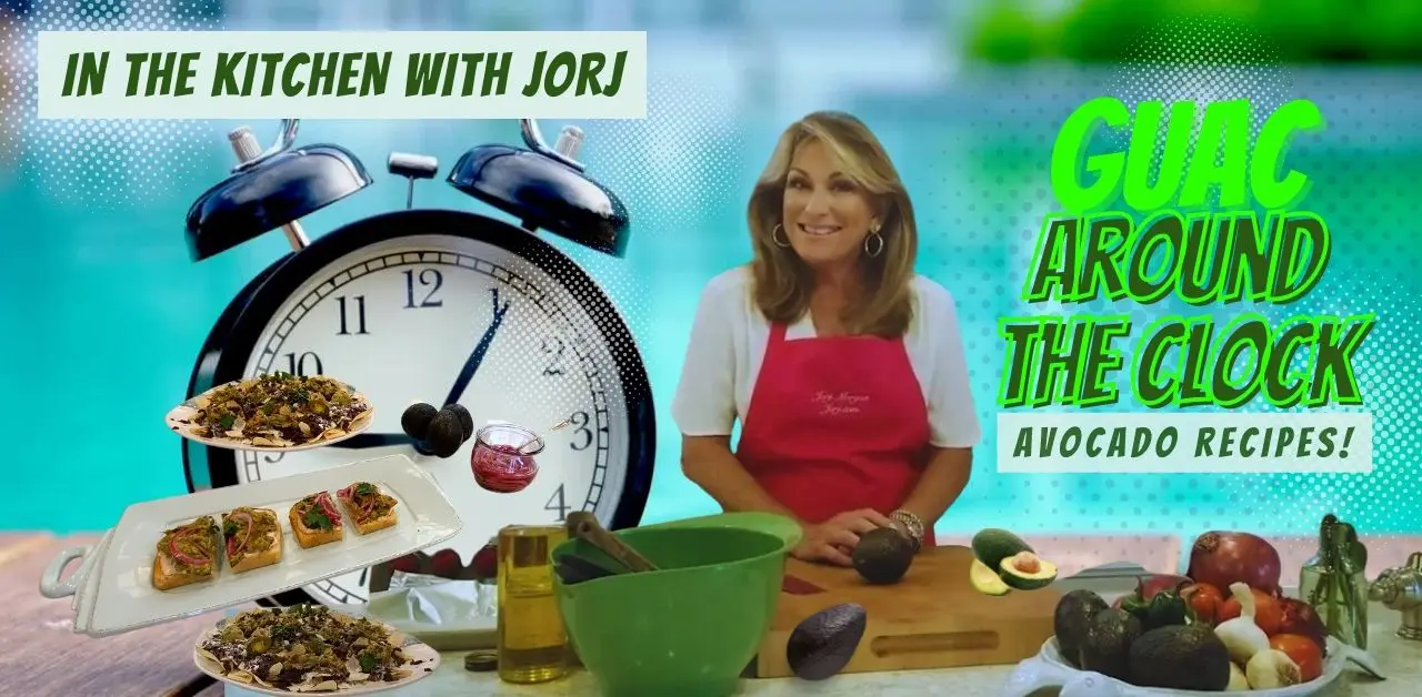 Vintage photography of Jorj Morgan demonstrating avocado preparation techniques in the kitchen
