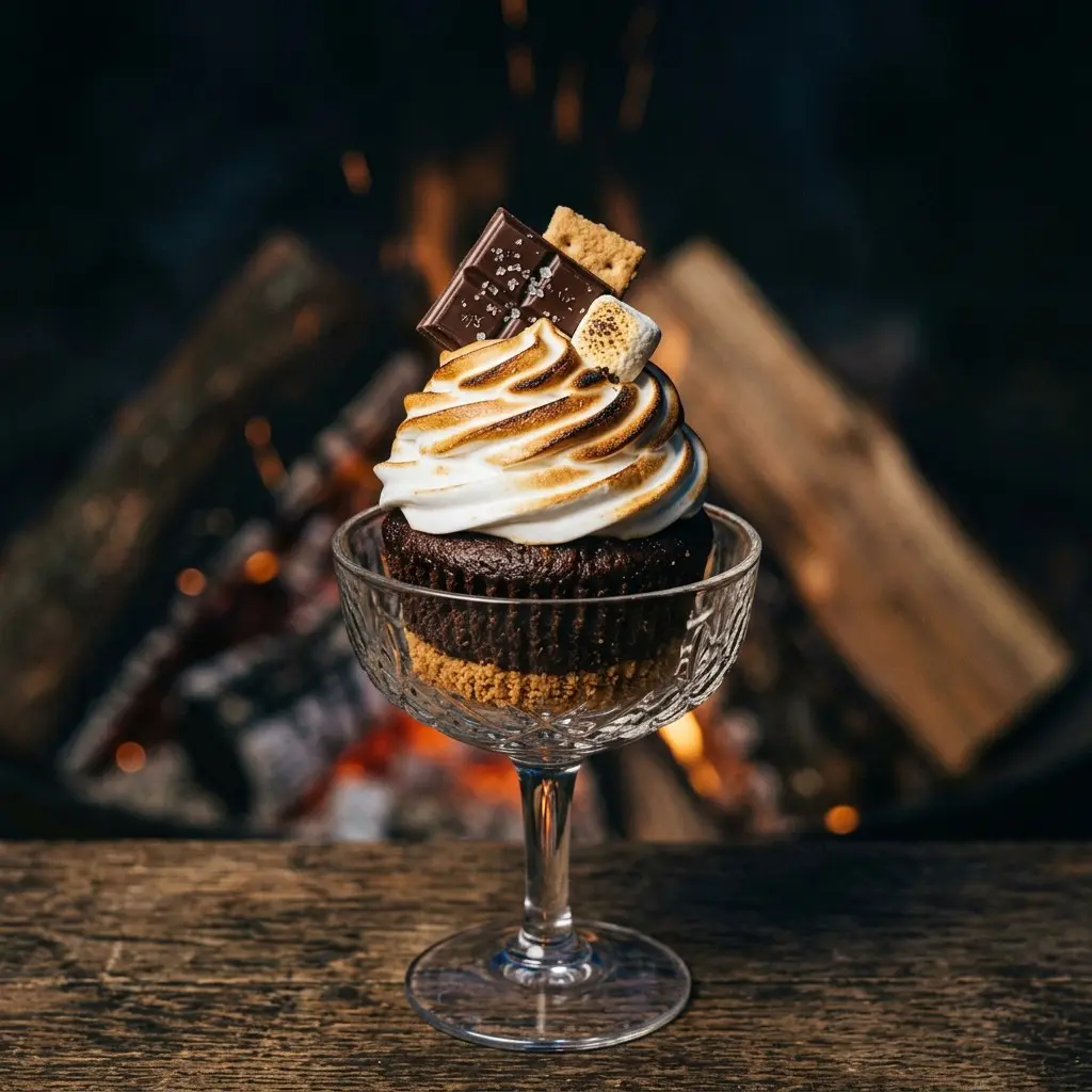 Stunning plated serving of Toasted S’mores Cupcakes with Coffee-Enhanced Chocolate, a chef-tested recipe by Chef Jorj Morgan.
