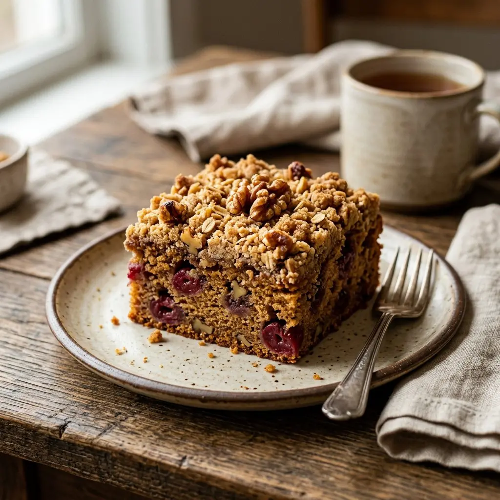 Stunning plated serving of Cherry Walnut Crumble Cake, a chef-tested recipe by Chef Jorj Morgan.