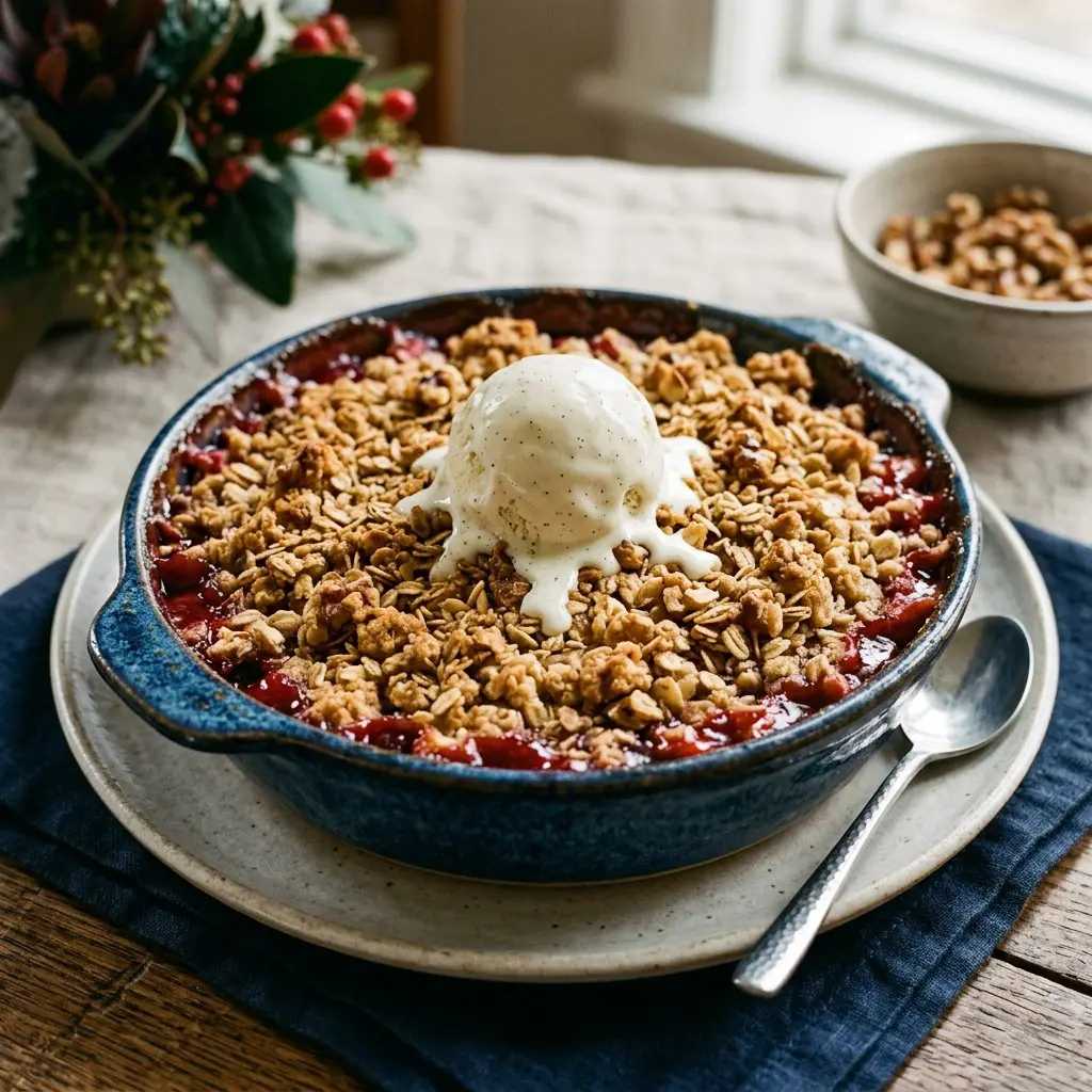 Stunning plated serving of Winter Harvest Fruit Crumble, a chef-tested recipe by Chef Jorj Morgan.