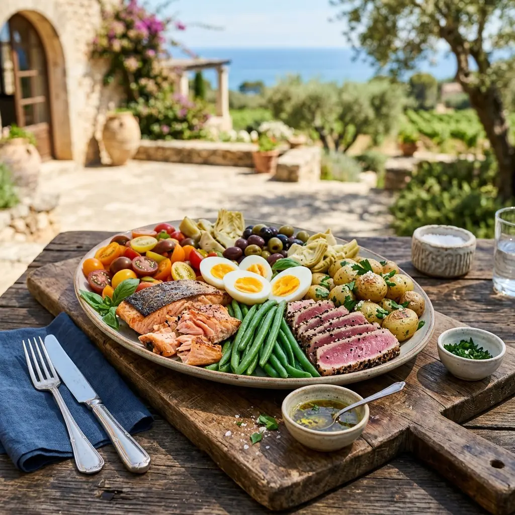 Stunning plated serving of The Estate Niçoise: A Summer Platter, a chef-tested recipe by Chef Jorj Morgan.