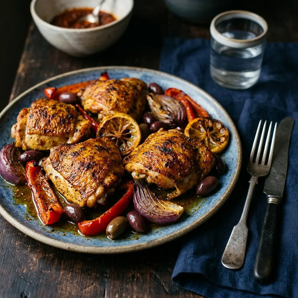 Stunning plated serving of Moroccan Sheet Pan Chicken, a chef-tested recipe by Chef Jorj Morgan.