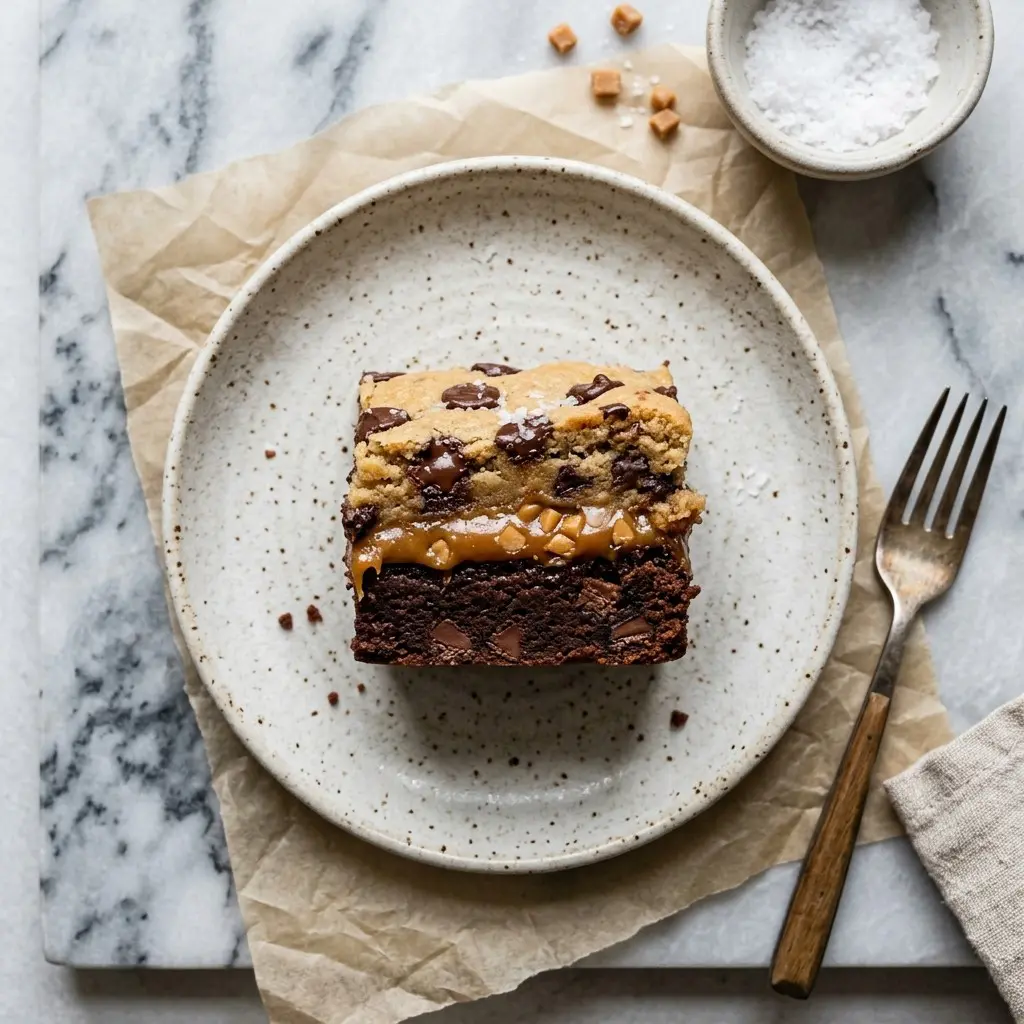 Stunning plated serving of Caramel Toffee Cookie Dough Brownie Bars, a chef-tested recipe by Chef Jorj Morgan.