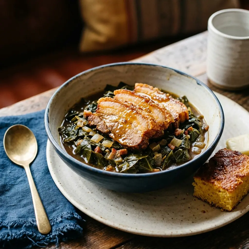 Stunning plated serving of Collard Greens with Slow Roasted Pork Belly, a chef-tested recipe by Chef Jorj Morgan.