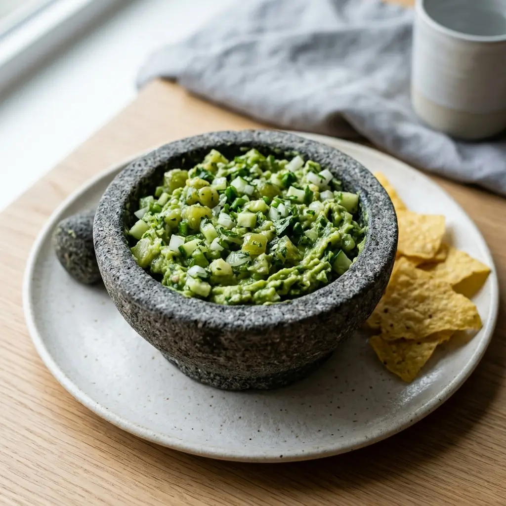 Stunning plated serving of Green Goddess Tomatillo Pico de Gallo, a chef-tested recipe by Chef Jorj Morgan.