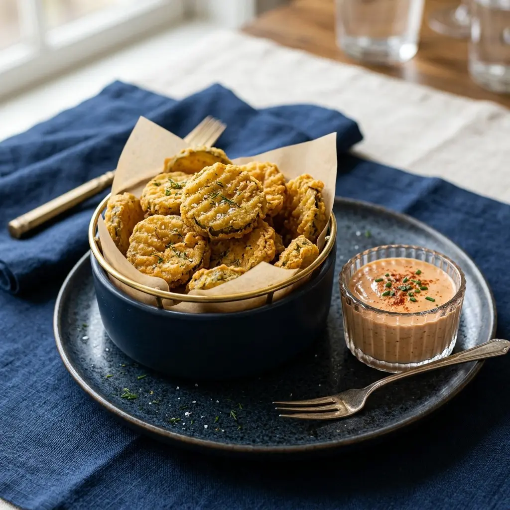 Stunning plated serving of Crispy Fried Pickles with Southern Comeback Sauce, a chef-tested recipe by Chef Jorj Morgan.