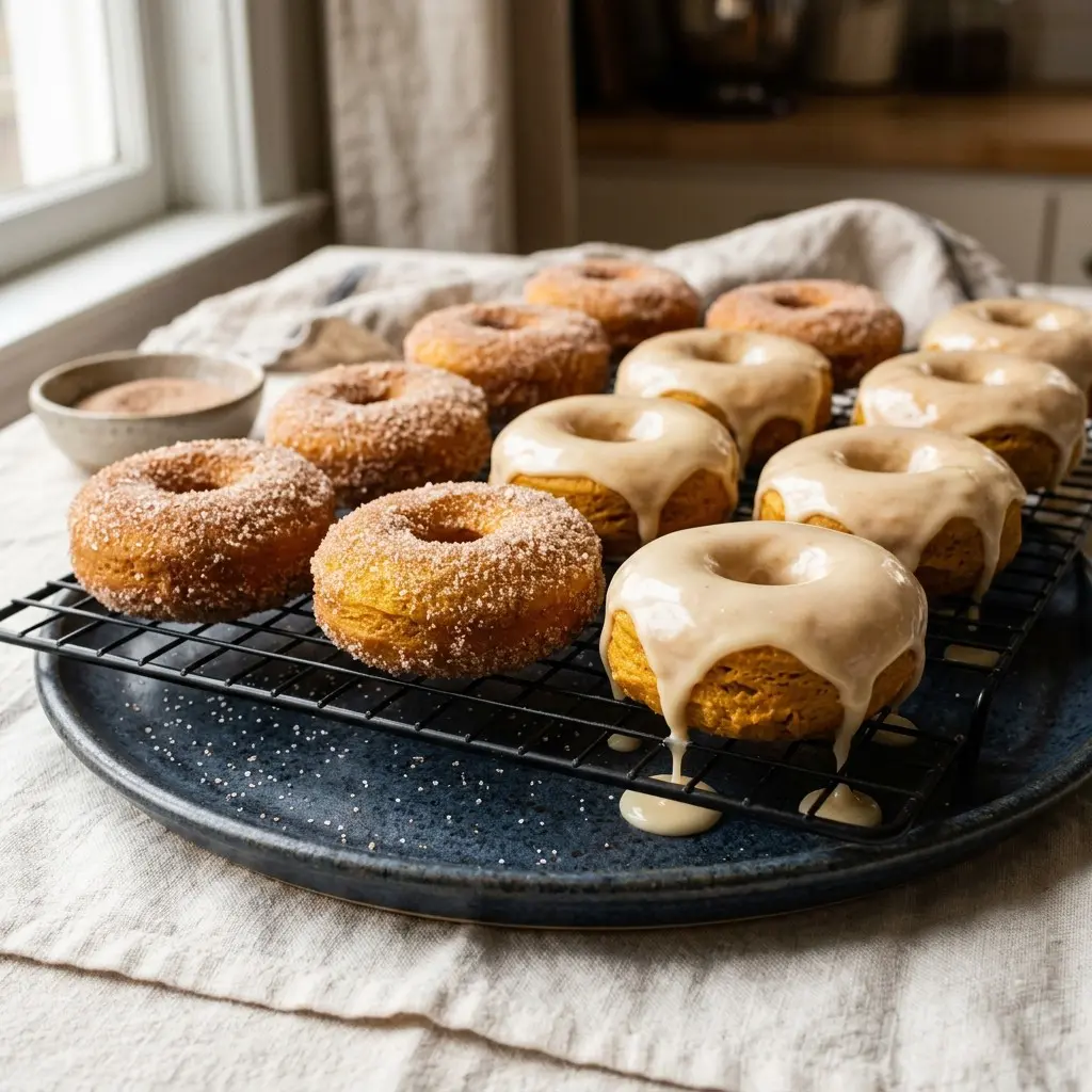 Stunning plated serving of Pumpkin-Spiced Donuts & Maple Glaze, a chef-tested recipe by Chef Jorj Morgan.