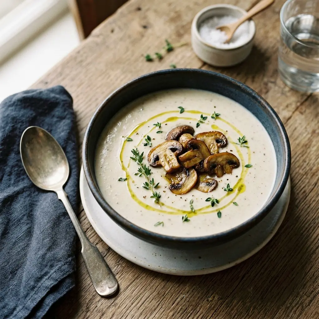 Stunning plated serving of Cream of Bella n’ Cremini Mushroom Soup, a chef-tested recipe by Chef Jorj Morgan.