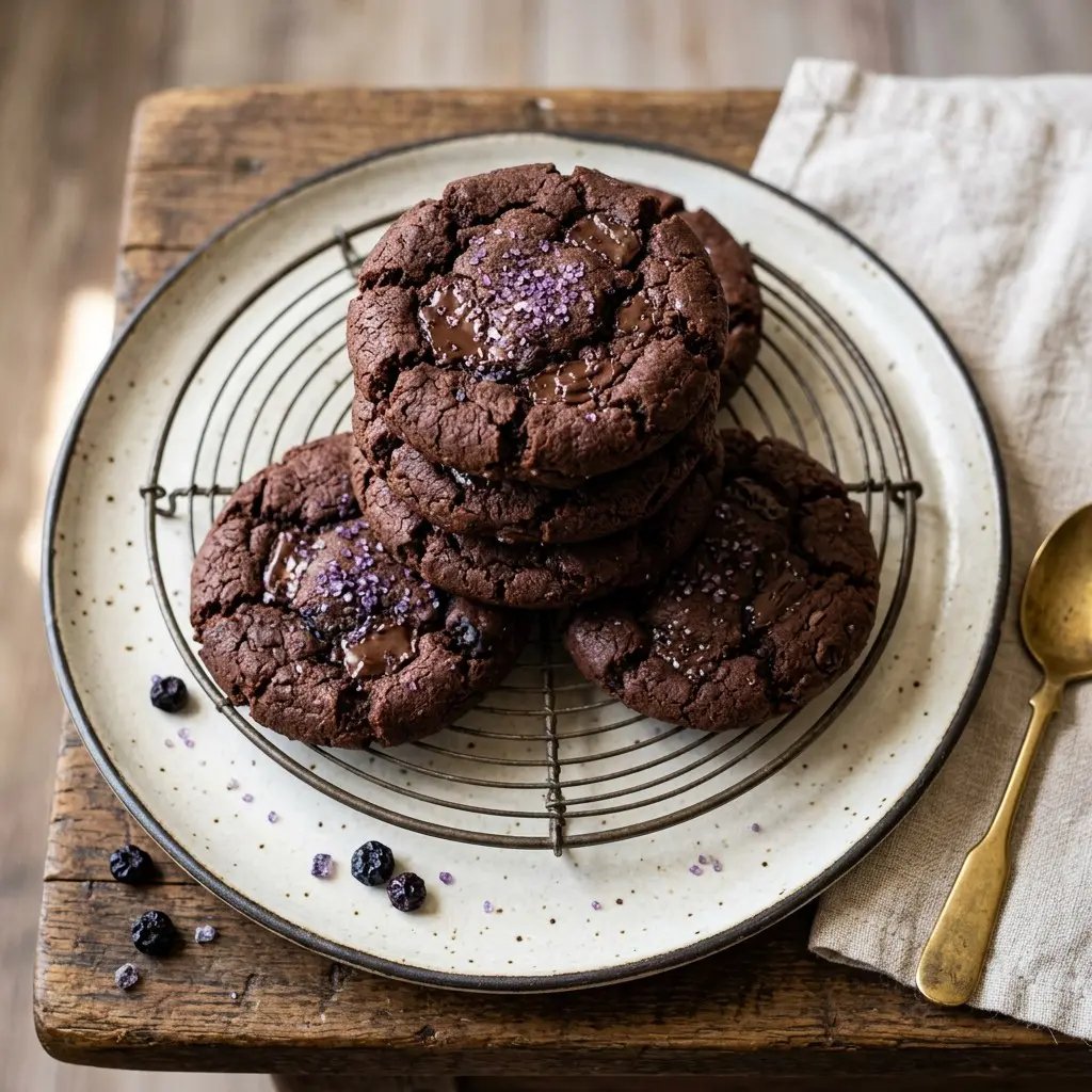 Stunning plated serving of Dark Chocolate & Wild Blueberry Cookies, a chef-tested recipe by Chef Jorj Morgan.