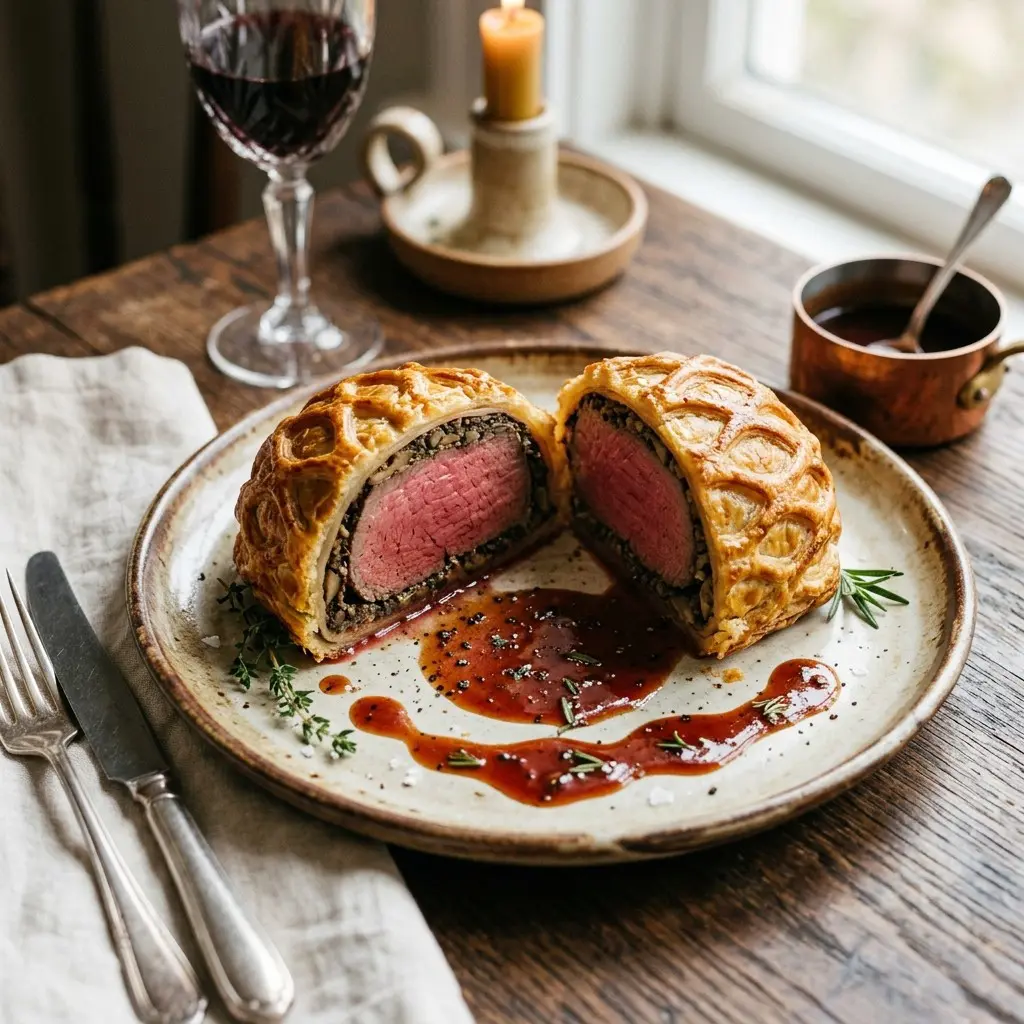 Stunning plated serving of Puff-Pastry Beef Wellington with Red Wine Demi-Glace, a chef-tested recipe by Chef Jorj Morgan.