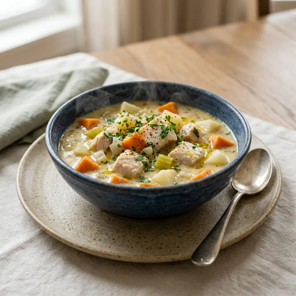 Stunning plated serving of Coastal Swordfish & Root Vegetable Chowder, a chef-tested recipe by Chef Jorj Morgan.