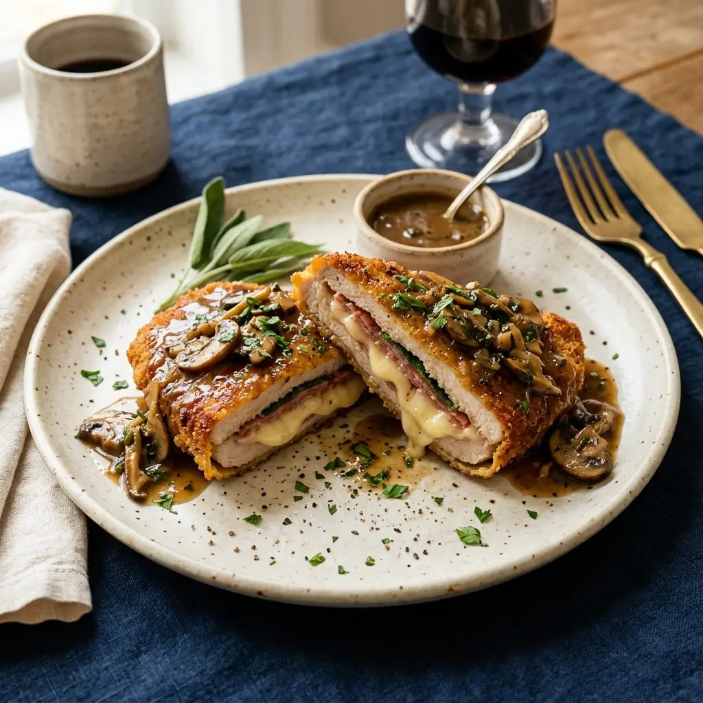 Stunning plated serving of Breaded Veal Sinatra with Swiss & Salami, a chef-tested recipe by Chef Jorj Morgan.