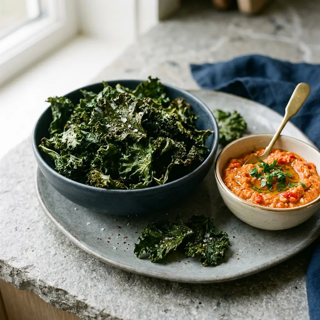 Stunning plated serving of Roasted Red Pepper Spread & Baked Kale Chips, a chef-tested recipe by Chef Jorj Morgan.