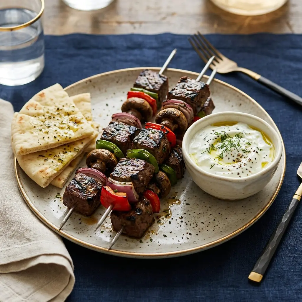 Stunning plated serving of Beef Tenderloin Steak Kabobs with Greek Tzatziki Sauce, a chef-tested recipe by Chef Jorj Morgan.