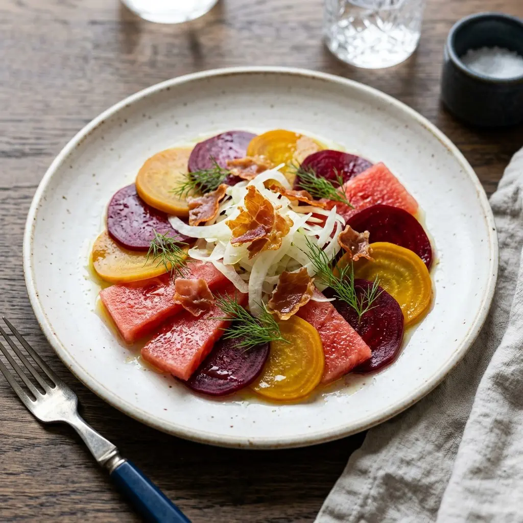 Stunning plated serving of Pickled Beet & Watermelon Carpaccio, a chef-tested recipe by Chef Jorj Morgan.