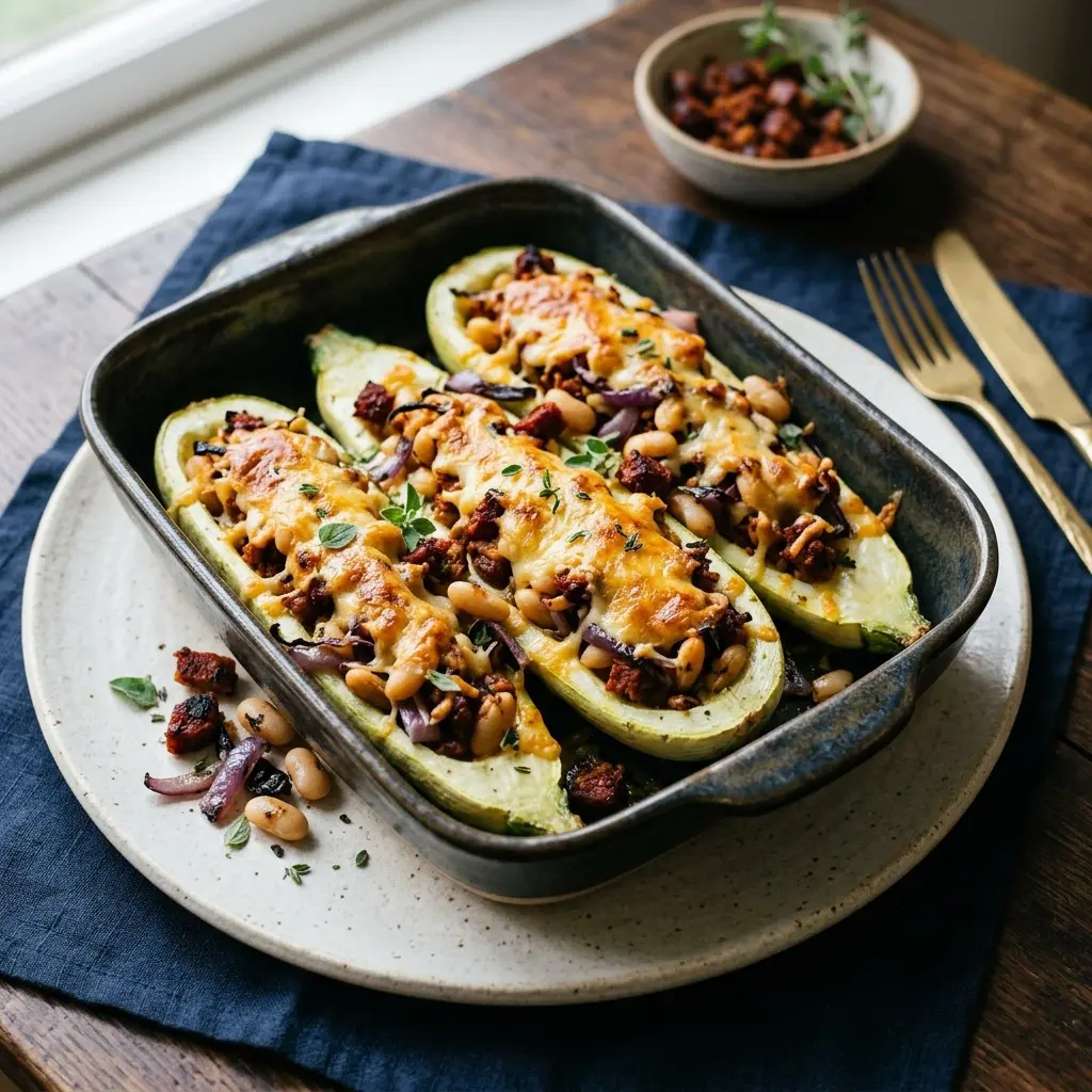 Stunning plated serving of Stuffed Cousa Squash With Smoky Chorizo and White Beans, a chef-tested recipe by Chef Jorj Morgan.