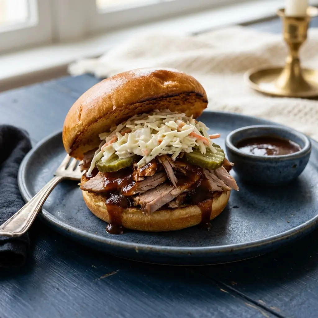 Stunning plated serving of Slow-Roasted Pork Tenderloin BBQ Sandwiches, a chef-tested recipe by Chef Jorj Morgan.