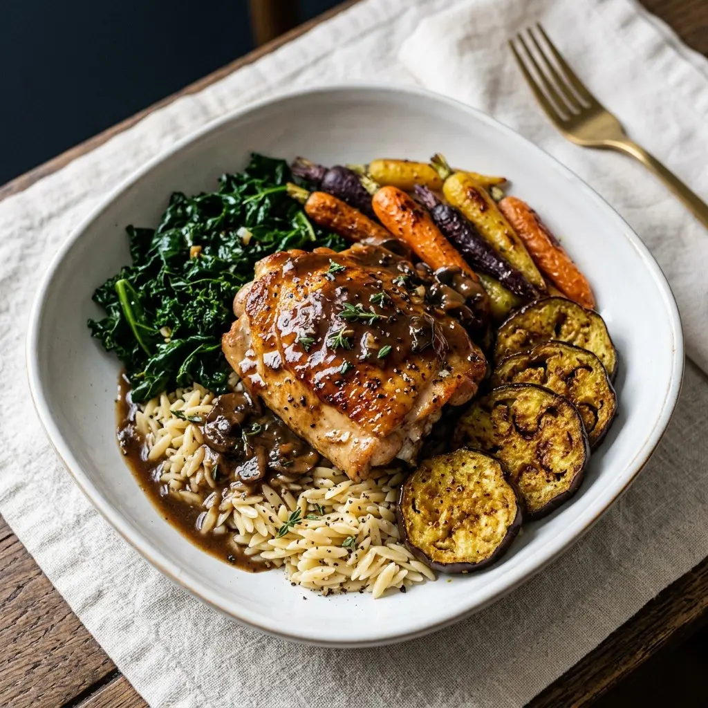 Stunning plated serving of Chicken Marsala Harvest Bowl, a chef-tested recipe by Chef Jorj Morgan.