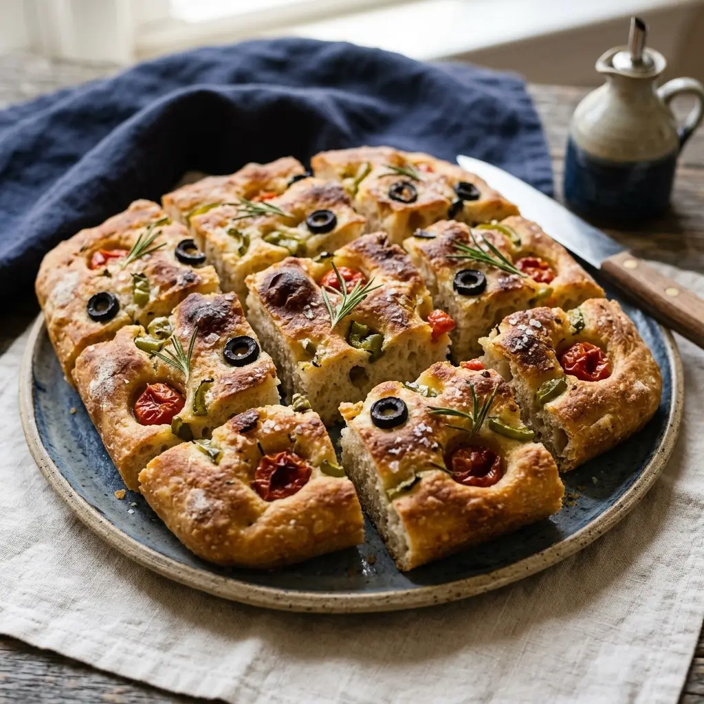 Stunning plated serving of Garden Focaccia, a chef-tested recipe by Chef Jorj Morgan.