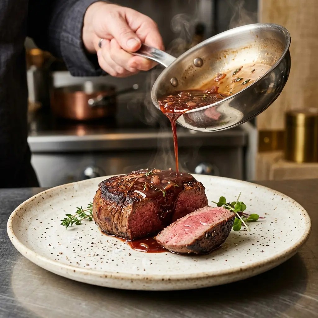 Stunning plated serving of Classic Shallot and Wine Pan-Reduction Sauce, a chef-tested recipe by Chef Jorj Morgan.