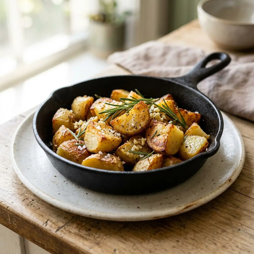 Stunning plated serving of Classic Garlic & Herb Roasted Potatoes, a chef-tested recipe by Chef Jorj Morgan.
