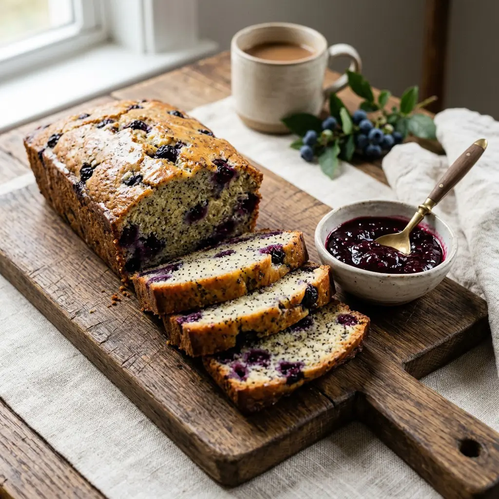Stunning plated serving of Blueberry Poppy Seed Loaf & Fresh Berry Jam, a chef-tested recipe by Chef Jorj Morgan.
