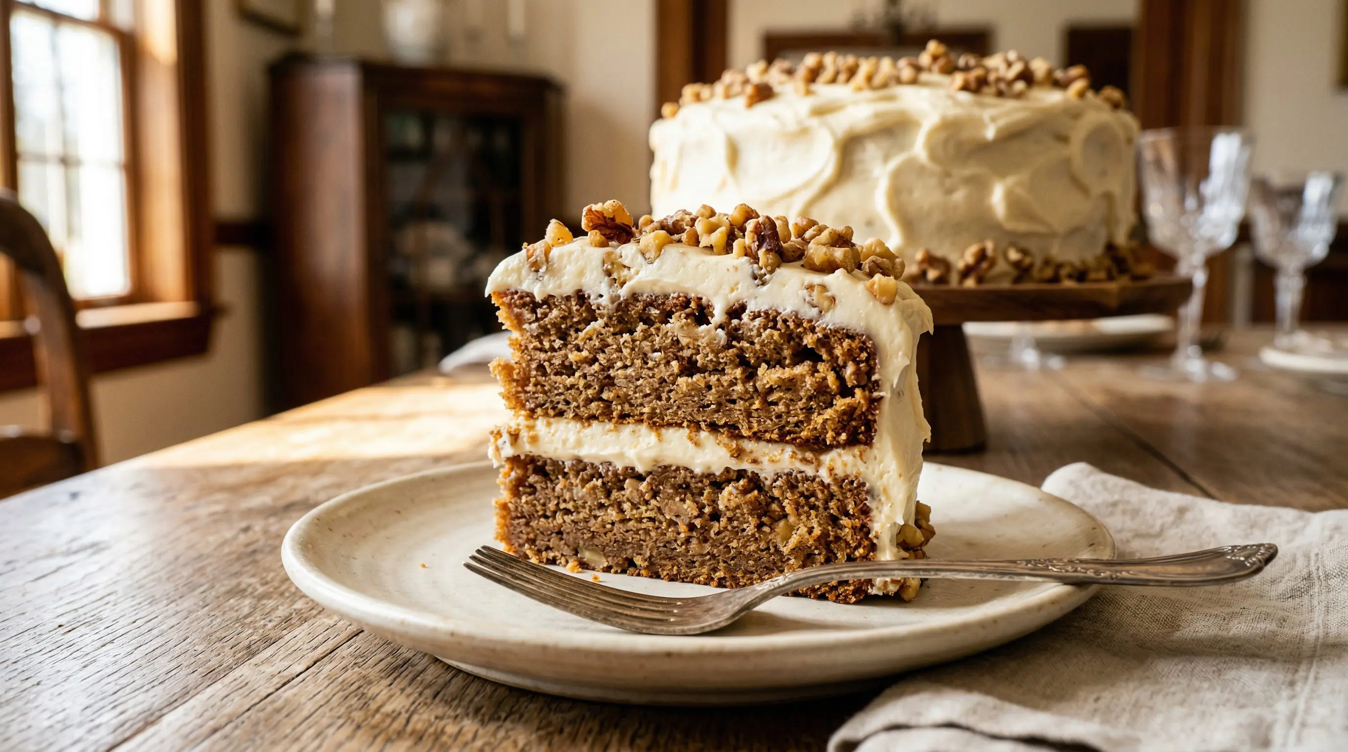 Apple butter cake with cream cheese frosting, sliced