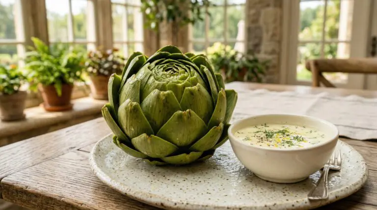 Stunning plated serving of Artichokes with Lemon Balsamic Dip, a chef-tested recipe by Chef Jorj Morgan.
