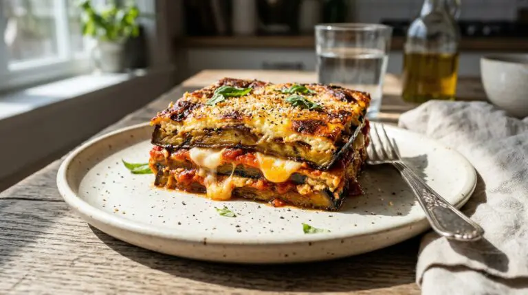 Stunning plated serving of Baked Eggplant & Ricotta Casserole, a chef-tested recipe by Chef Jorj Morgan.