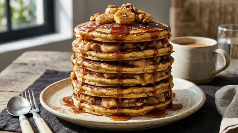 Stunning plated serving of Bananas Foster Skillet Cakes, a chef-tested recipe by Chef Jorj Morgan.