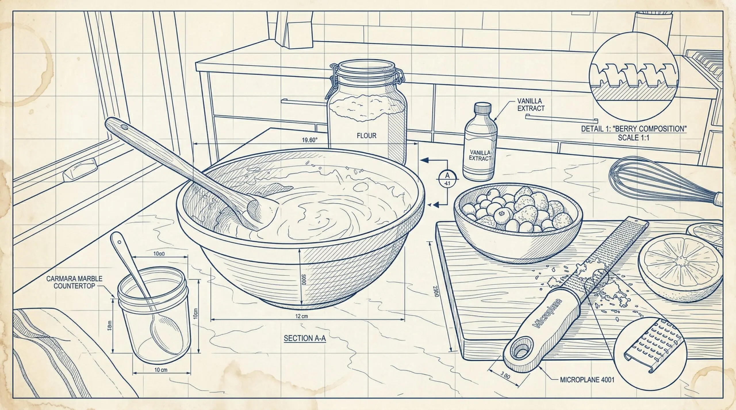 A heavy ceramic mixing bowl holding thick, pale yellow batter next to fresh blueberries and raspberries lightly dusted in flour
