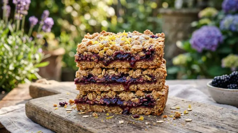 Stunning plated serving of Blackberry Jam Oat Bars, a chef-tested recipe by Chef Jorj Morgan.