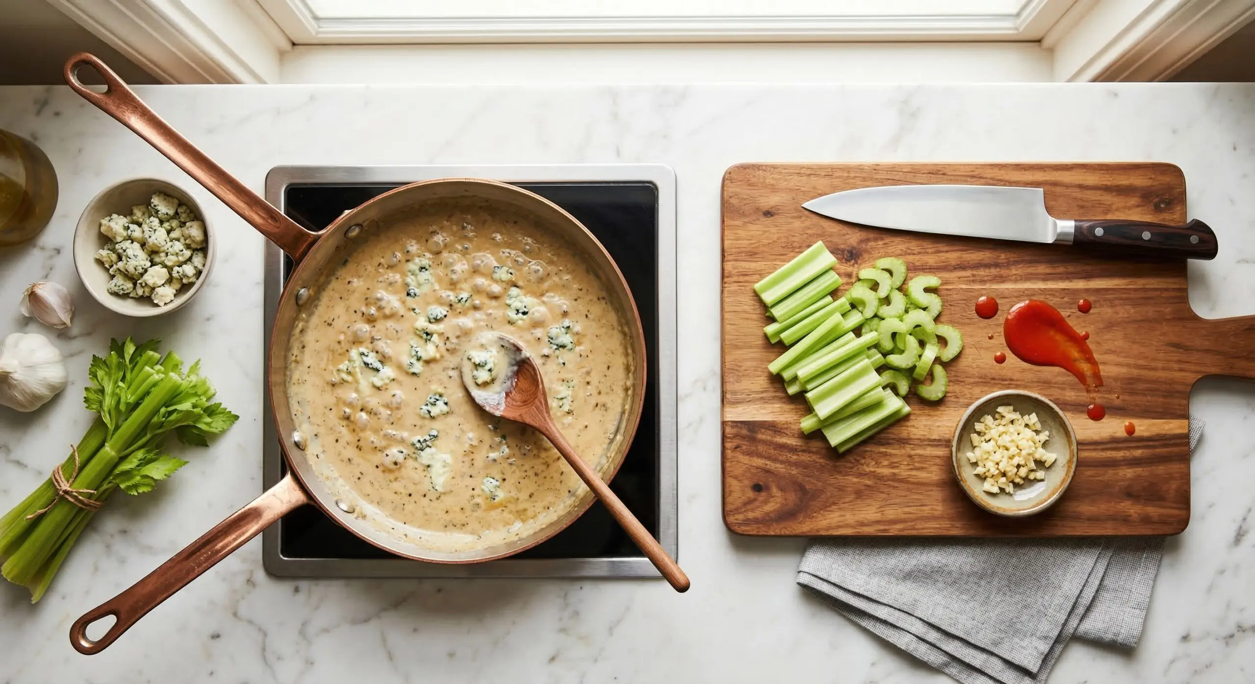 A copper sauté pan containing bubbling, creamy blue cheese gravy rich with visible crumbles