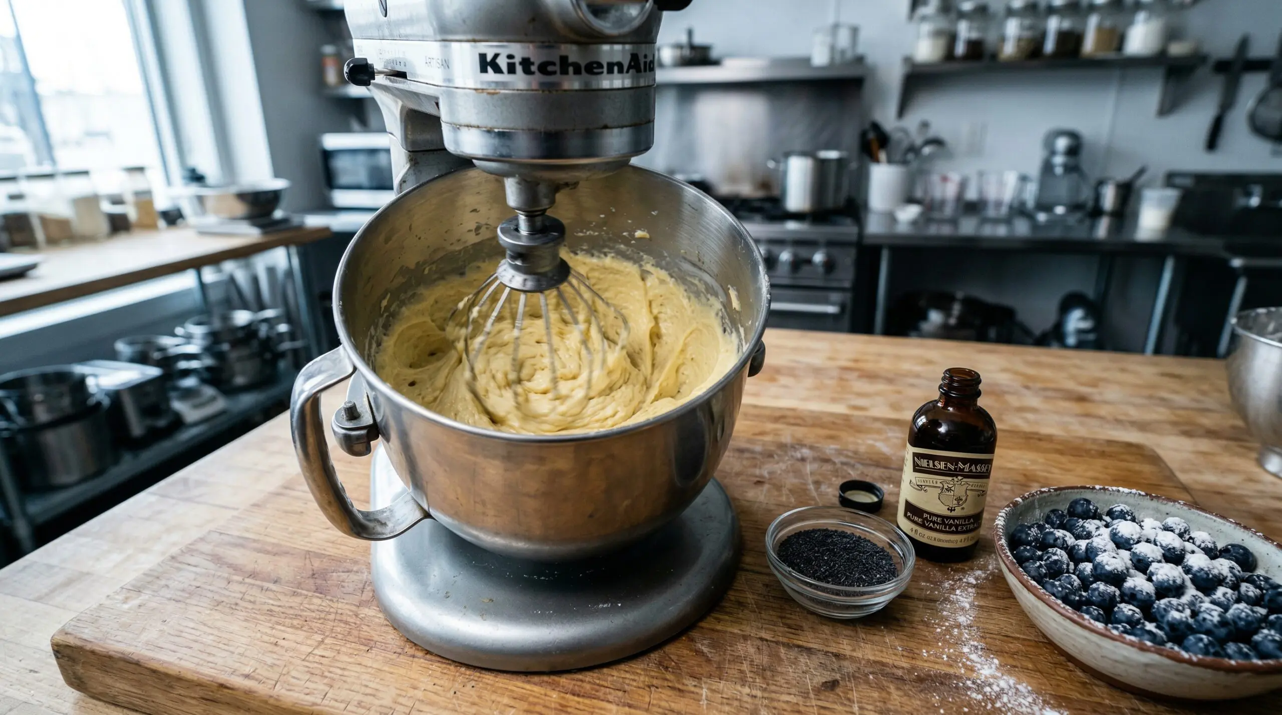 A heavy stainless steel stand mixer bowl filled with pale yellow batter next to fresh blueberries and poppy seeds