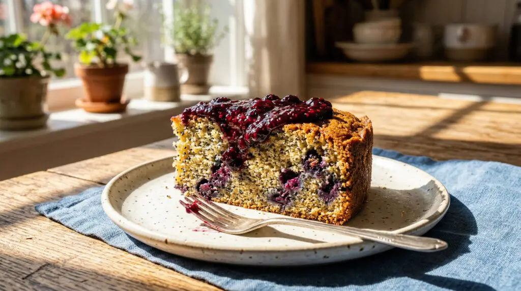 Stunning plated serving of Blueberry Poppy Seed Loaf & Fresh Berry Jam, a chef-tested recipe by Chef Jorj Morgan.