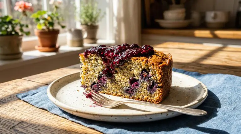 Stunning plated serving of Blueberry Poppy Seed Loaf & Fresh Berry Jam, a chef-tested recipe by Chef Jorj Morgan.
