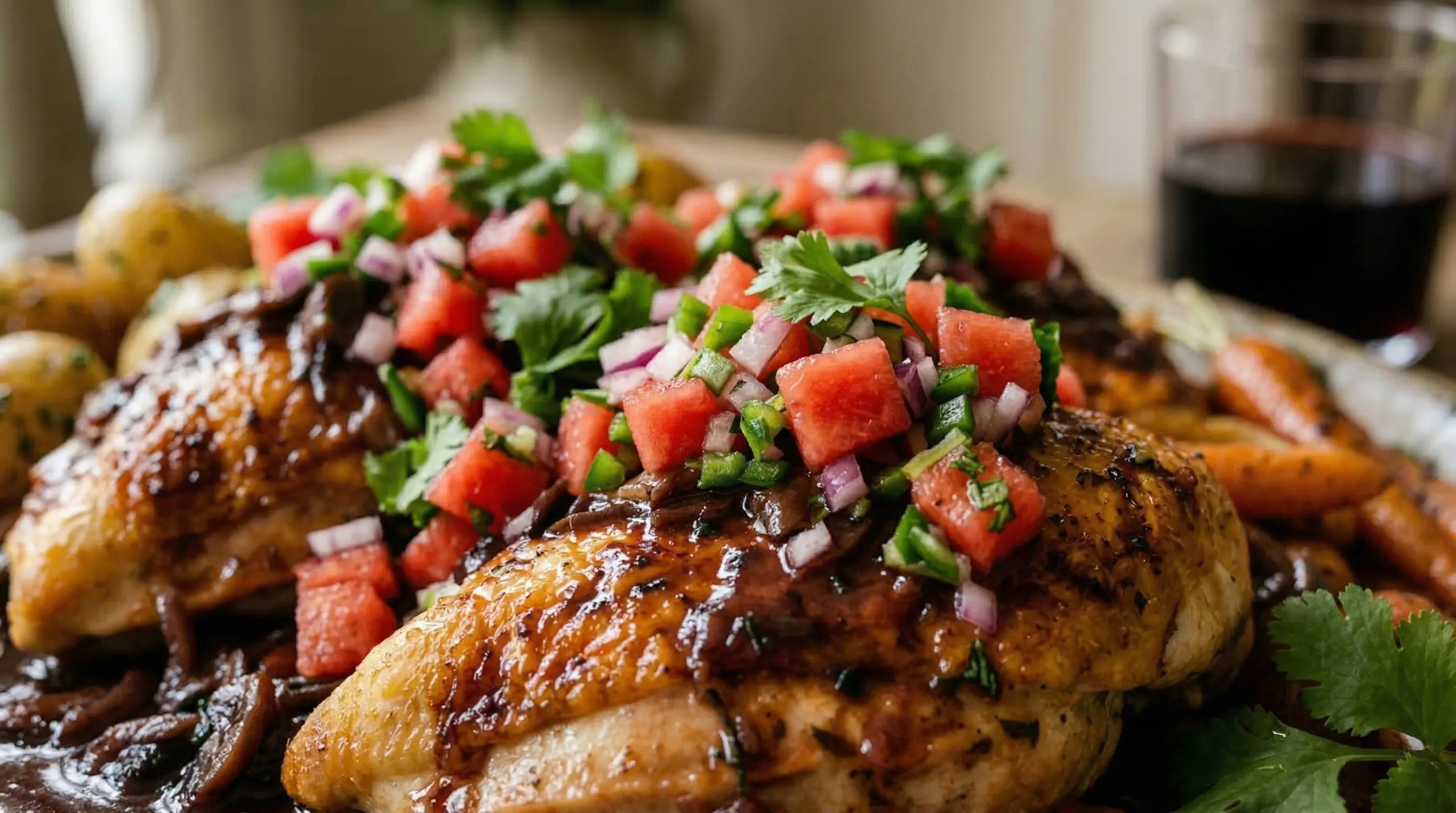 Macro detail of savory braised chicken topped with chilled watermelon and jalapeu00f1o salsa