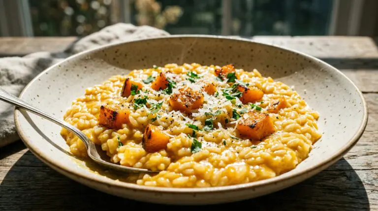 Stunning plated serving of Butternut Squash Risotto, a chef-tested recipe by Chef Jorj Morgan.