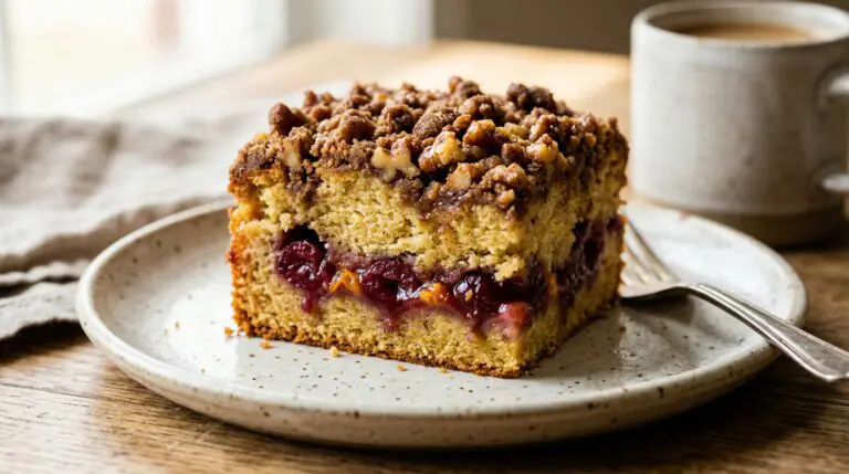 Stunning plated serving of Cherry Walnut Crumble Cake, a chef-tested recipe by Chef Jorj Morgan.