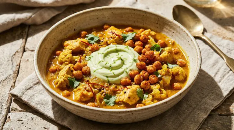 Stunning plated serving of Chicken & Cauliflower Curry, a chef-tested recipe by Chef Jorj Morgan.