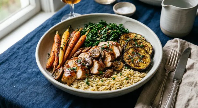 Stunning plated serving of Chicken Marsala Harvest Bowl, a chef-tested recipe by Chef Jorj Morgan.