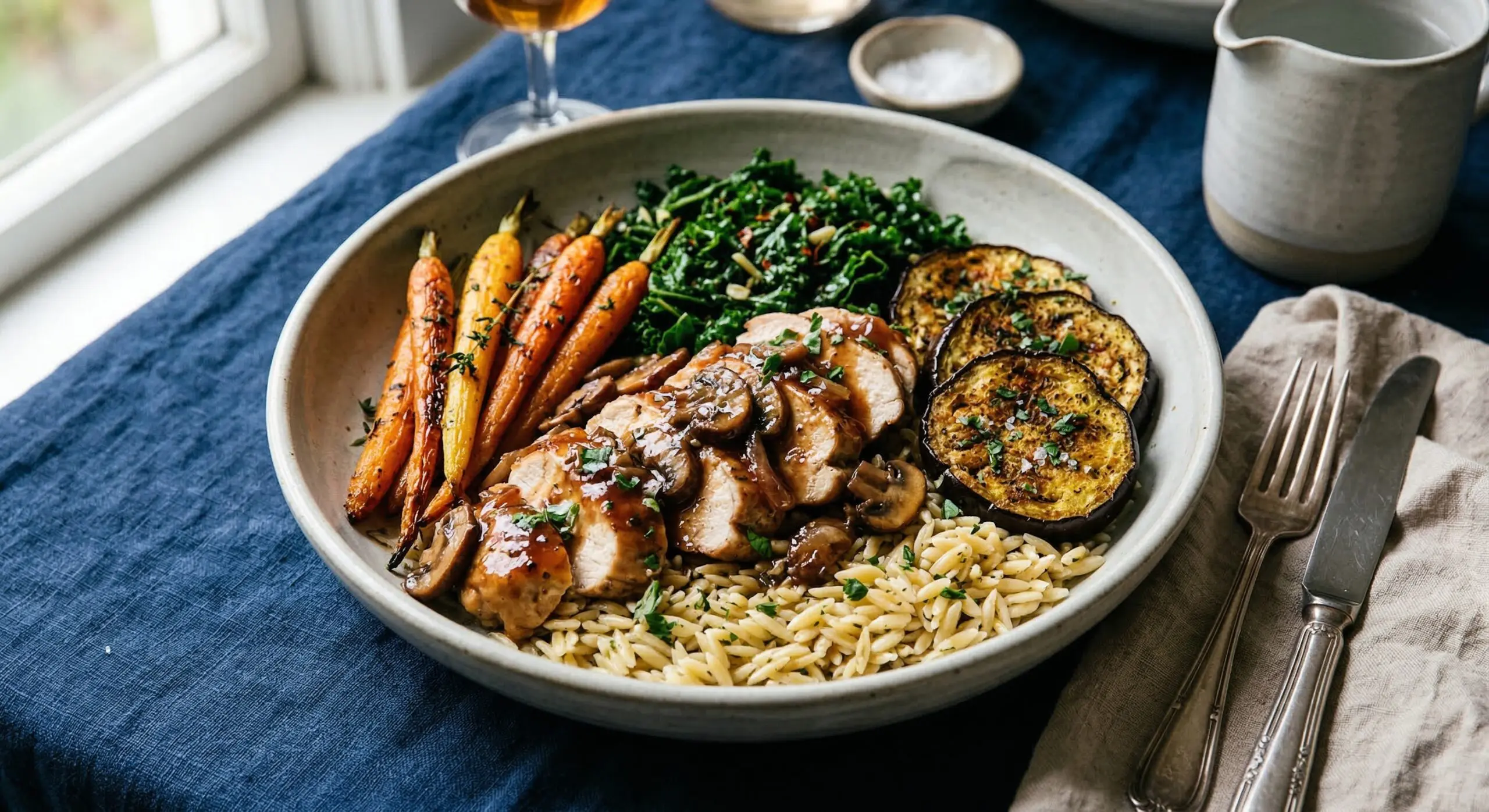 Stunning plated serving of Chicken Marsala Harvest Bowl, a chef-tested recipe by Chef Jorj Morgan.