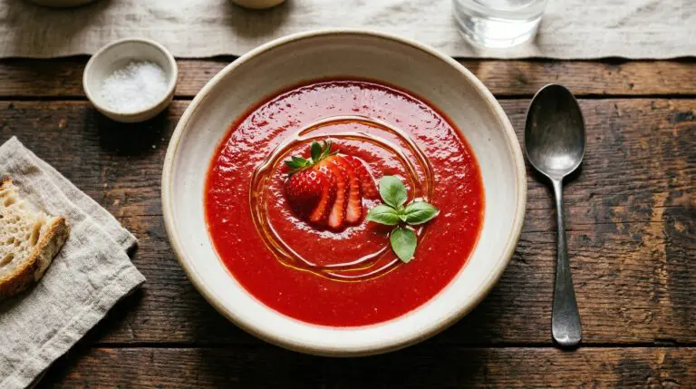 Stunning plated serving of Chilled Strawberry & Basil Gazpacho, a chef-tested recipe by Chef Jorj Morgan.