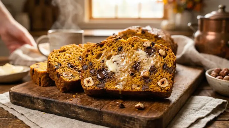 Stunning plated serving of Chocolate Pumpkin Bread, a chef-tested recipe by Chef Jorj Morgan.