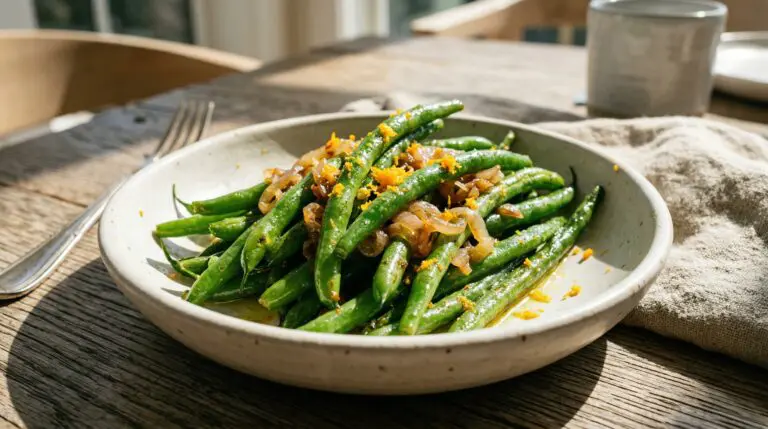 Stunning plated serving of Citrus Sautéed Green Beans, a chef-tested recipe by Chef Jorj Morgan.